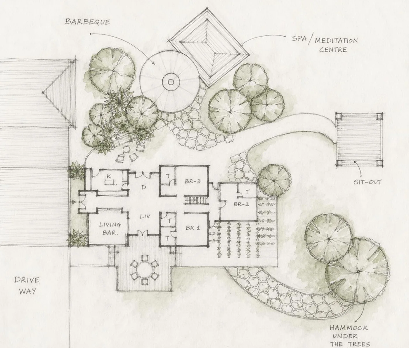 A hand-drawn watercolour floor plan of a residence, room by room